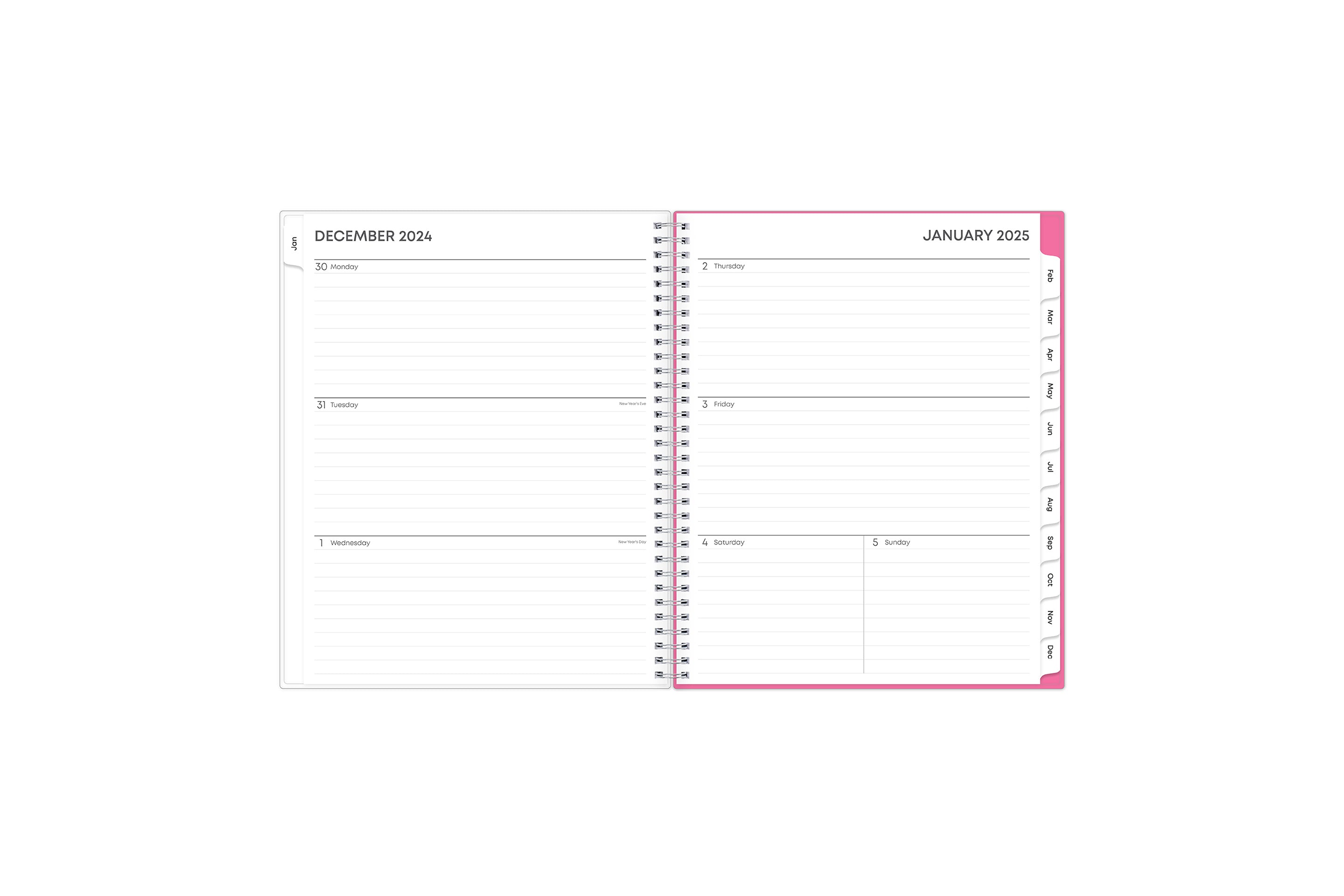 January 2025 to December 2025 weekly monthly planner featuring ample lined writing space, weekly to do list, notes section, and with teal monthly tabs 8.5x11