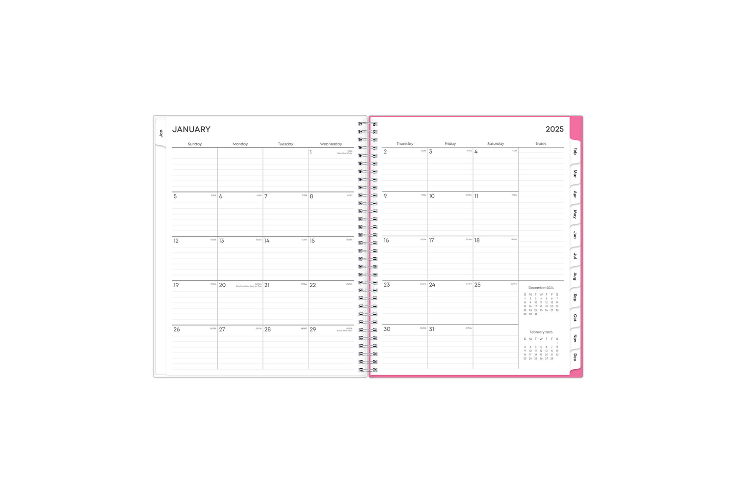 Featuring a January 2025 to December 2025 monthly view, there is lined writing space for each date, a notes section, reference calendars, and teal monthly tabs 8.5x11