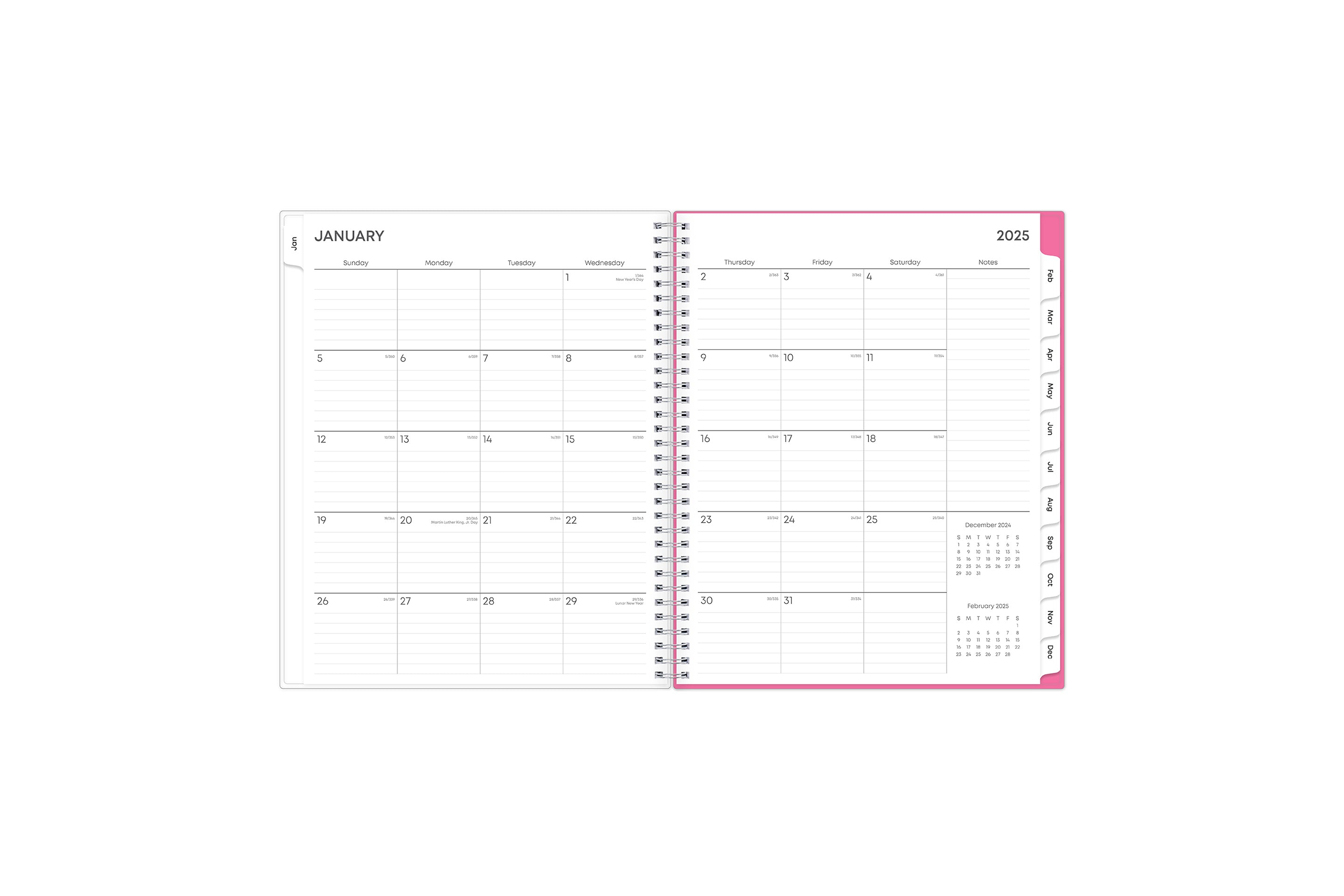 Featuring a January 2025 to December 2025 monthly view, there is lined writing space for each date, a notes section, reference calendars, and teal monthly tabs 8.5x11