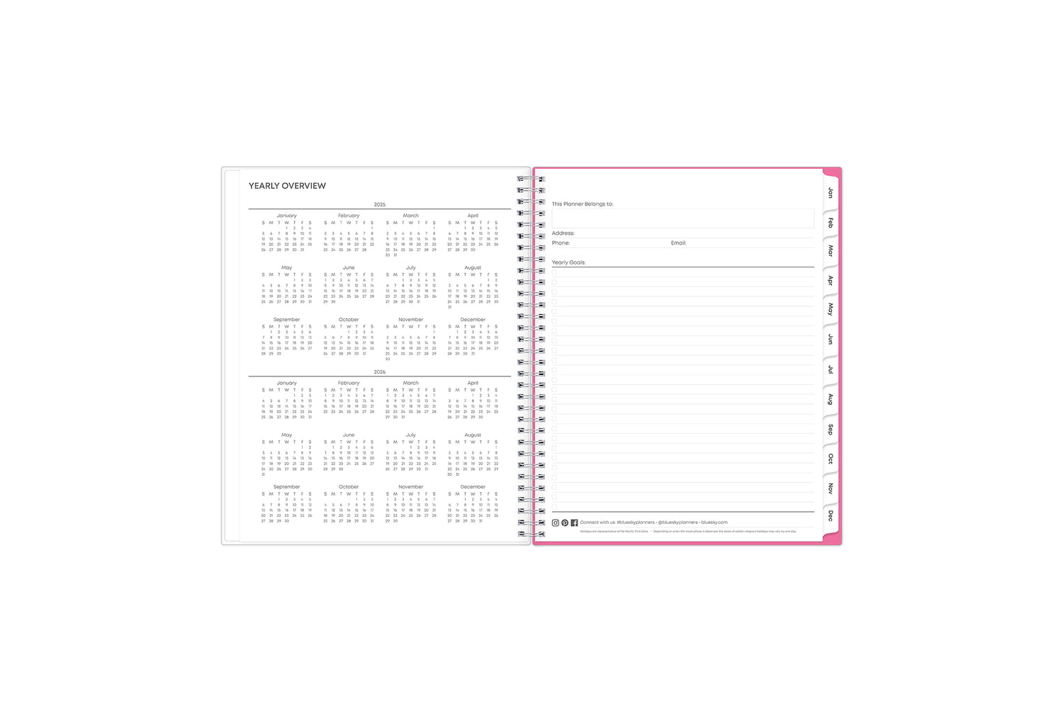 2025 planner featuring a yearly overview of 2025 and 2026 with yearly goals, notes section, and contact information in a 8.5x11 size 2024 weekly monthly planner