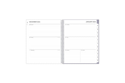 January 2025 - December 2025 weekly monthly planner featuring a weekly view with lined writing space for each date, reference calendars, and light blue monthly tabs