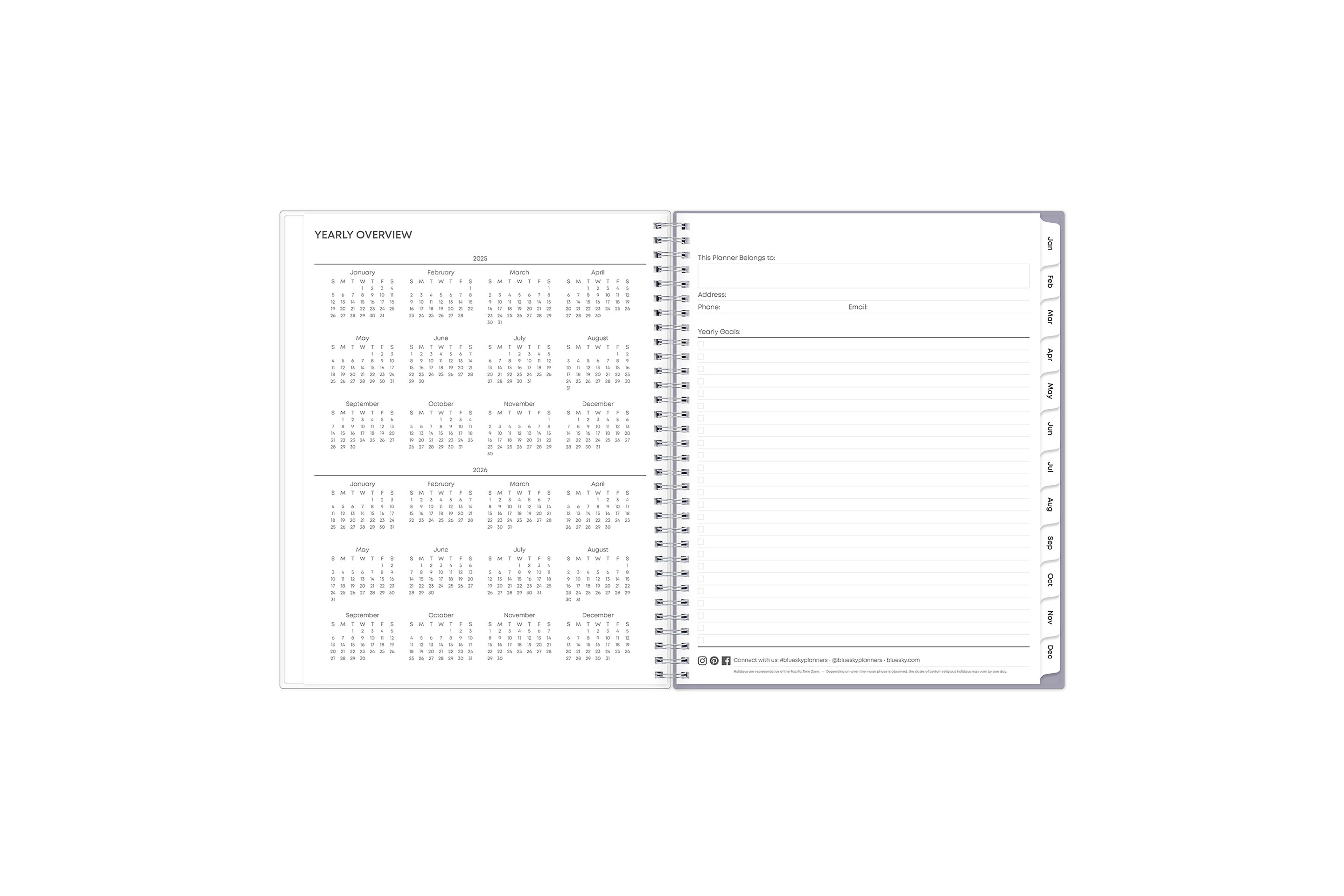 2025 and 2026 yearly overview on the 8.5x11 weekly monthly planner featuring blue monthly tabs, yearly goals, notes, and contact information.