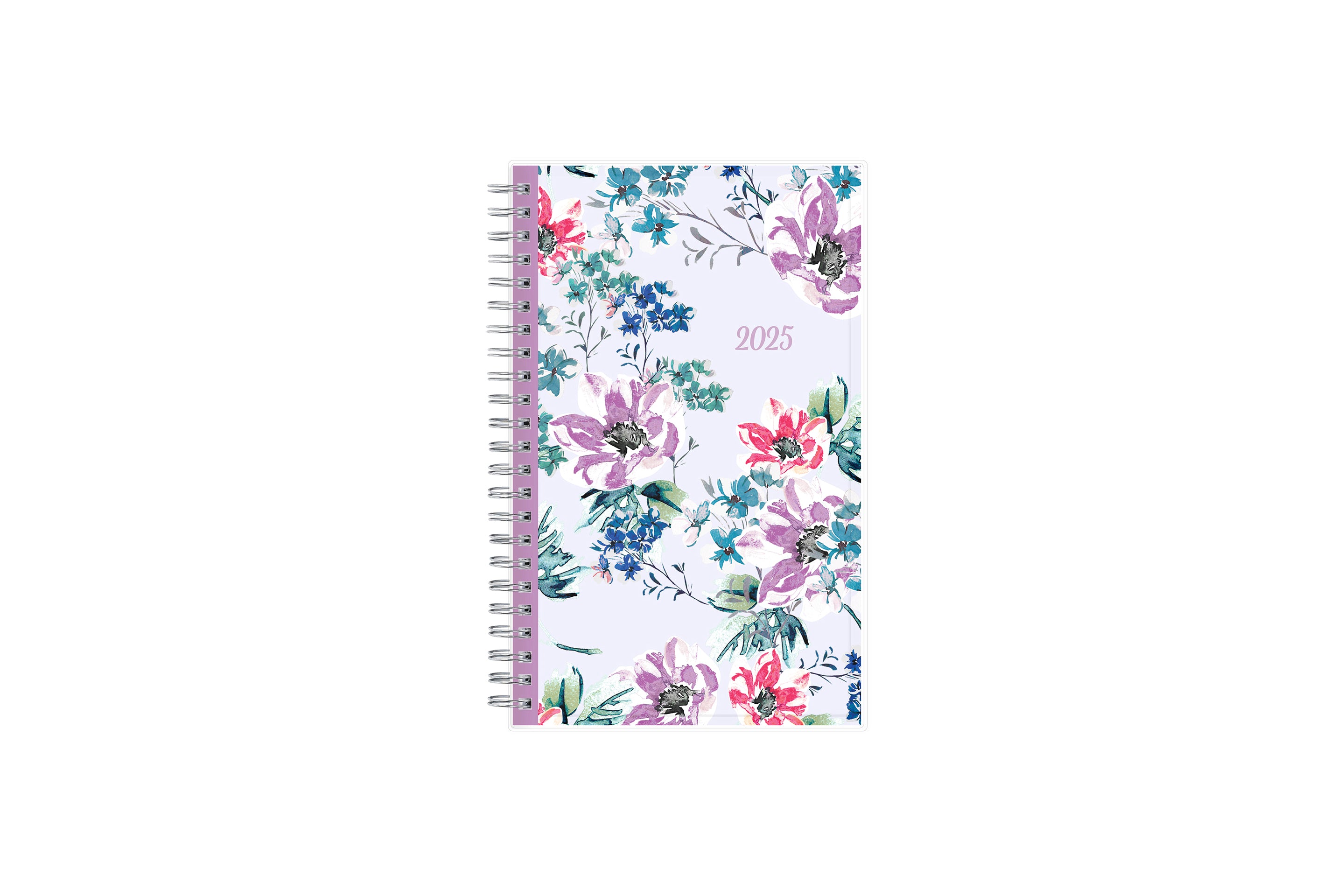 Blue Sky January 2025 - December 2025 weekly monthly planner featuring a floral front cover design with silver wire-o binding