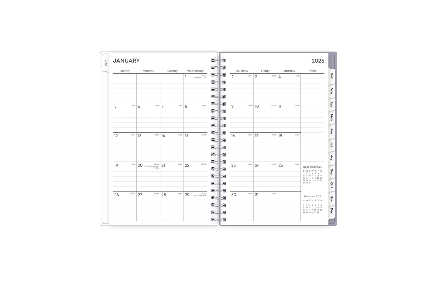 January 2025 - December 2025 weekly monthly planner featuring a monthly view with lined writing space for each date, reference calendars, and light blue monthly tabs