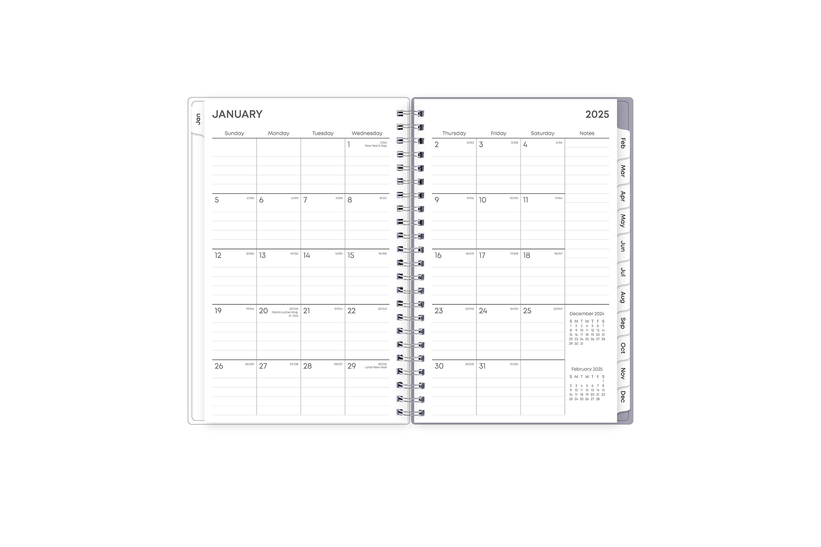 January 2025 - December 2025 weekly monthly planner featuring a monthly view with lined writing space for each date, reference calendars, and light blue monthly tabs