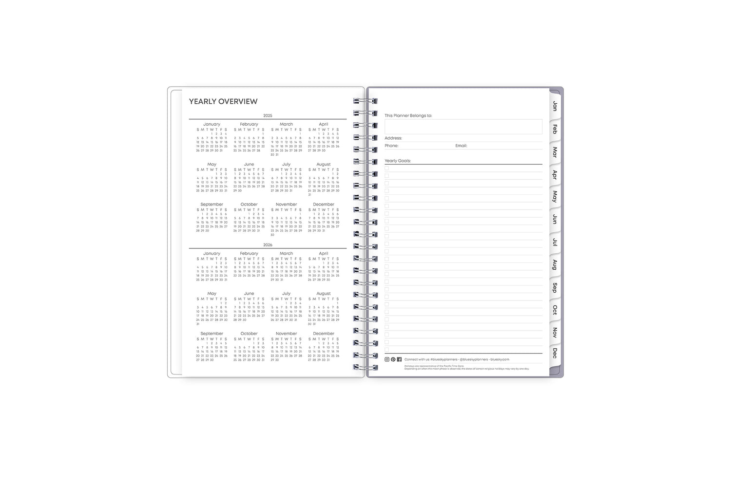 January 2025 - December 2025 weekly monthly planner featuring a monthly view with lined writing space for each date, reference calendars, and light blue monthly tabs