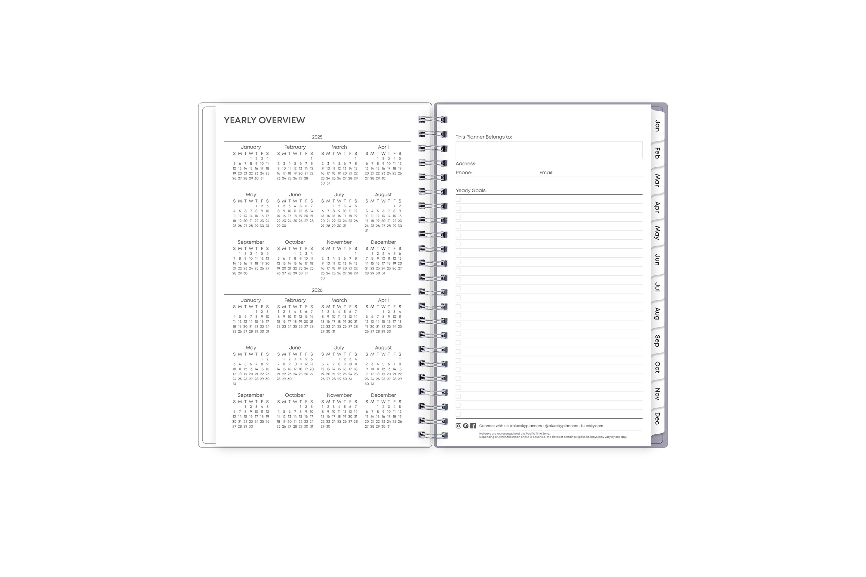 January 2025 - December 2025 weekly monthly planner featuring a monthly view with lined writing space for each date, reference calendars, and light blue monthly tabs