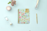 2025-2026 weekly monthly academic planner for the school year in mint background and floral patterns in 5.875x8.625 size, gold wire binding