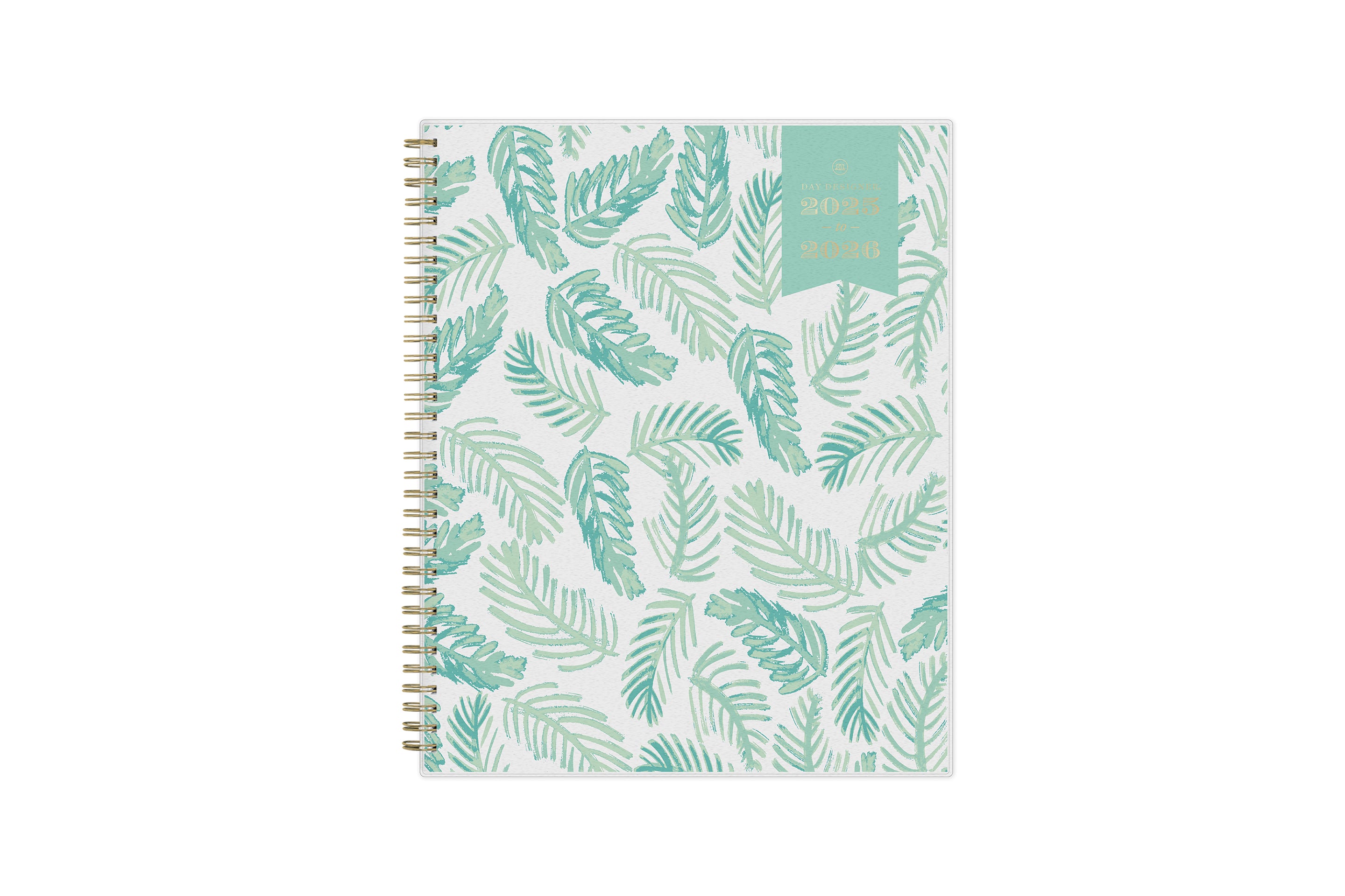 weekly and monthly day designer planner for blue sky featuring palms front cover silver wire-o binding in a 8.5x11 planner size Day Designer 2025-2026