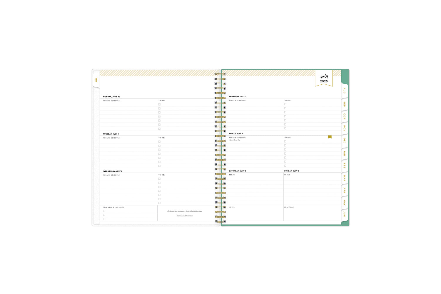 academic weekly monthly planner featuring a weekly spread grid lined notes, to-do list, goals, mint tabs, and reference calendars in 8.5x11 planner size