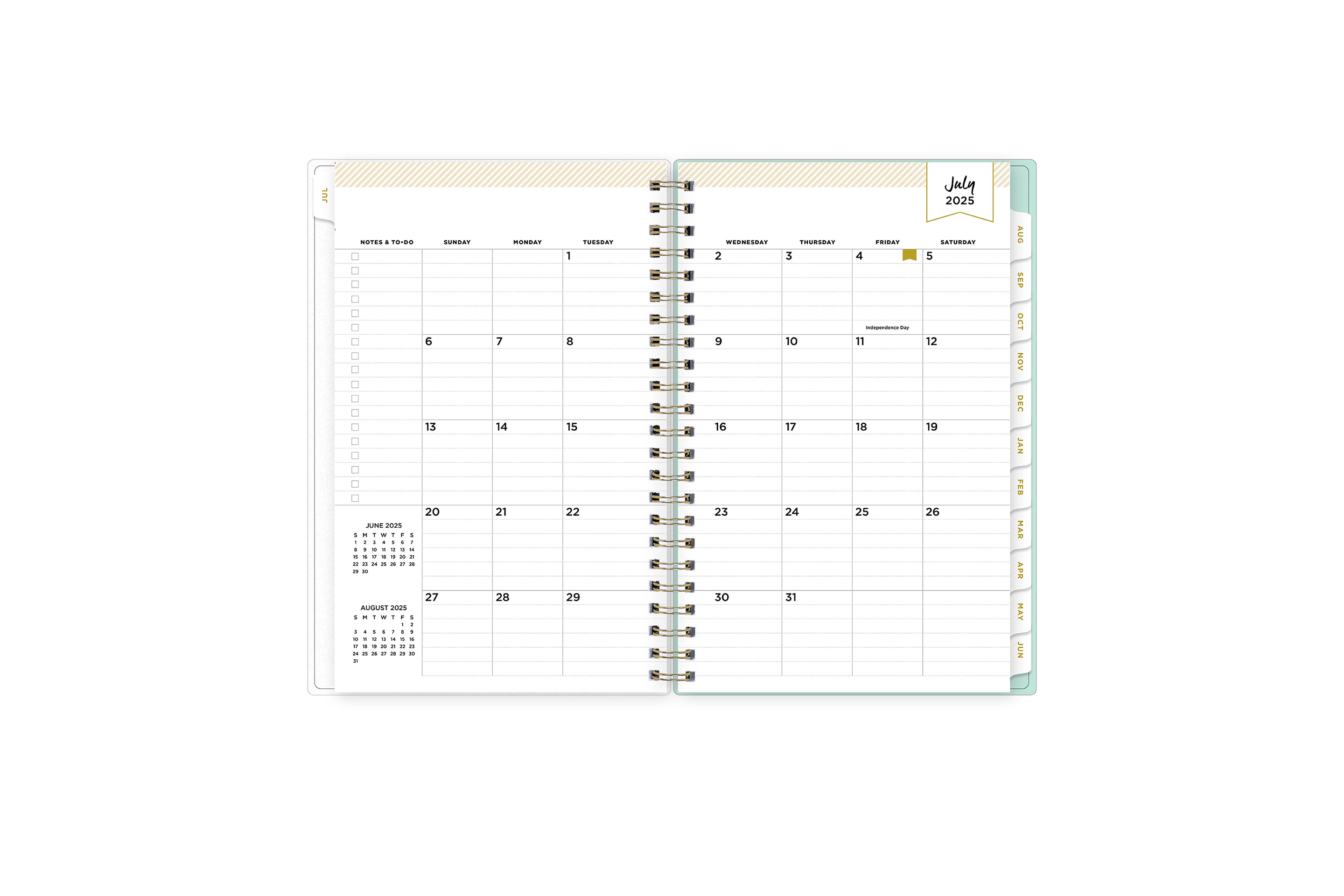 2025-2026 weekly monthly spread featuring lined writing space and to do list on 5x8 planner size, reference calendars, and white monthly tabs