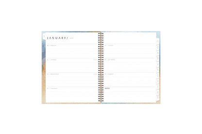 January 2025 - December 2025 weekly monthly planner featuring a weekly spread with lined writing space, notes section, reference calendars, and light purple monthly tabs in 8.5x11 size