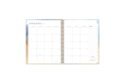 January 2025 - December 2025 weekly monthly planner featuring a monthly spread boxes for each day, blank writing space, notes section, reference calendars, and light purple monthly tabs in 8.5x11 size