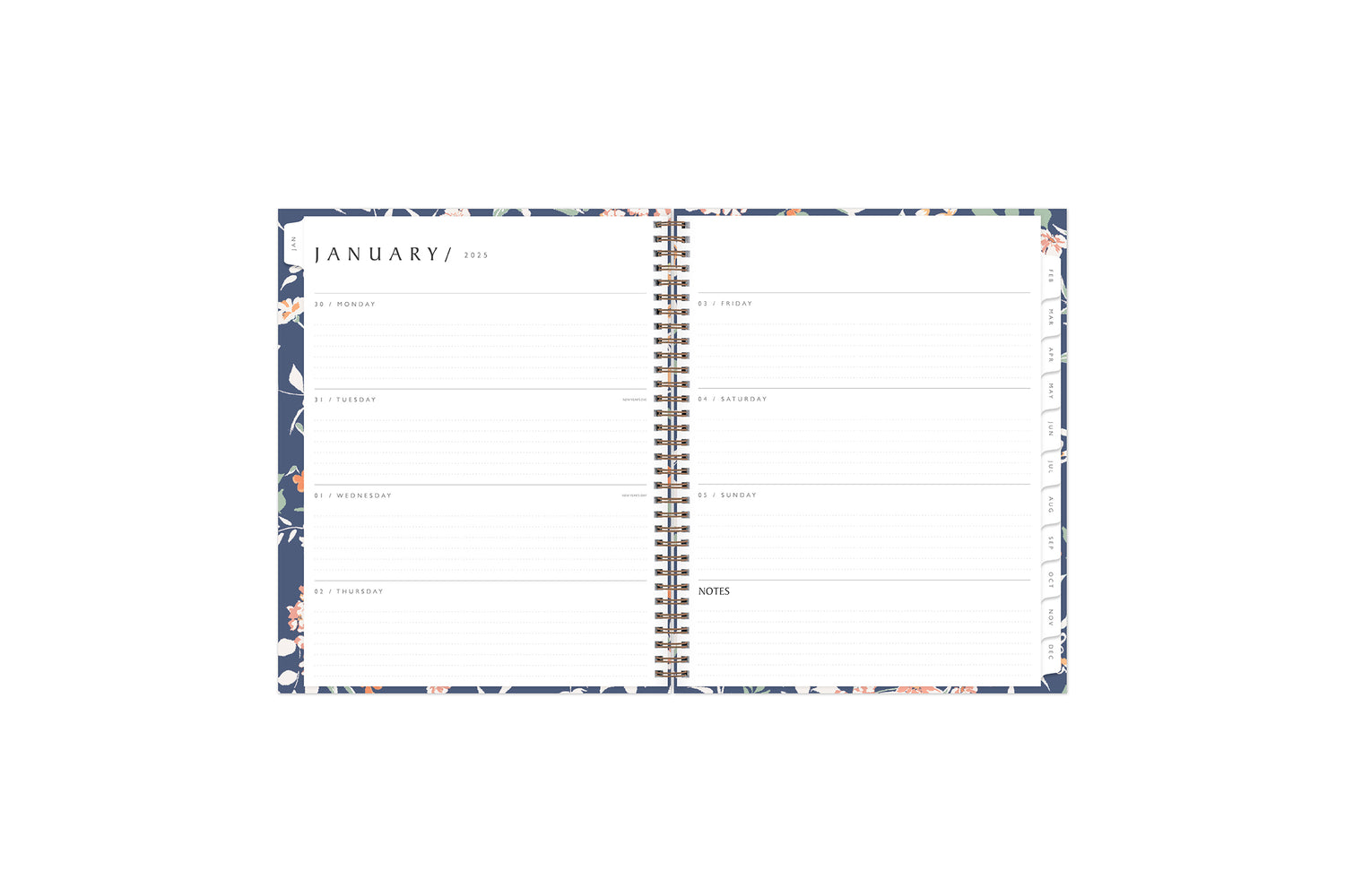 the 2025 weekly monthly planner by blue sky features a weekly spread with ample dotted lined writing space, lined notes section, reference calendar, and white monthly tabs