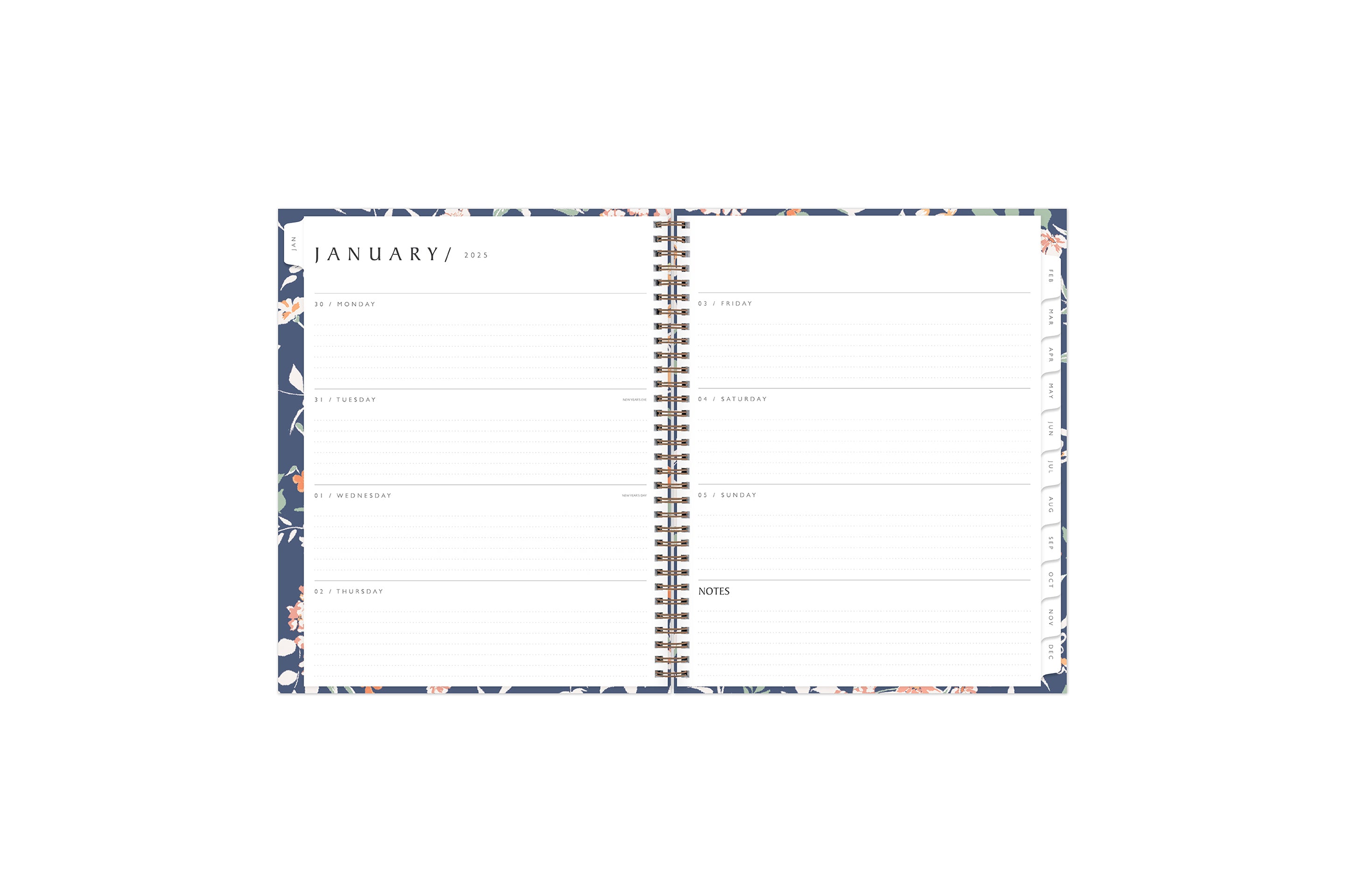 the 2025 weekly monthly planner by blue sky features a weekly spread with ample dotted lined writing space, lined notes section, reference calendar, and white monthly tabs