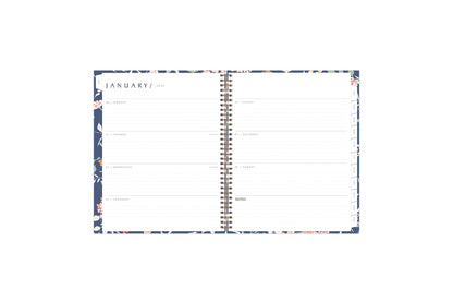 the 2025 weekly monthly planner by blue sky features a weekly spread with ample dotted lined writing space, lined notes section, reference calendar, and white monthly tabs