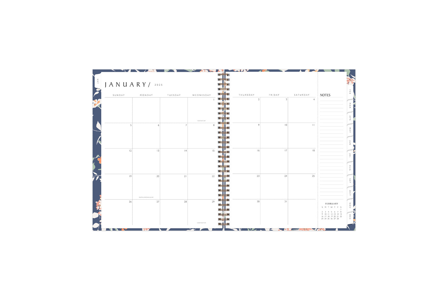 the 2025 weekly monthly planner by blue sky features a monthly spread with ample blank white writing space, lined notes section, reference calendar, and white monthly tabs