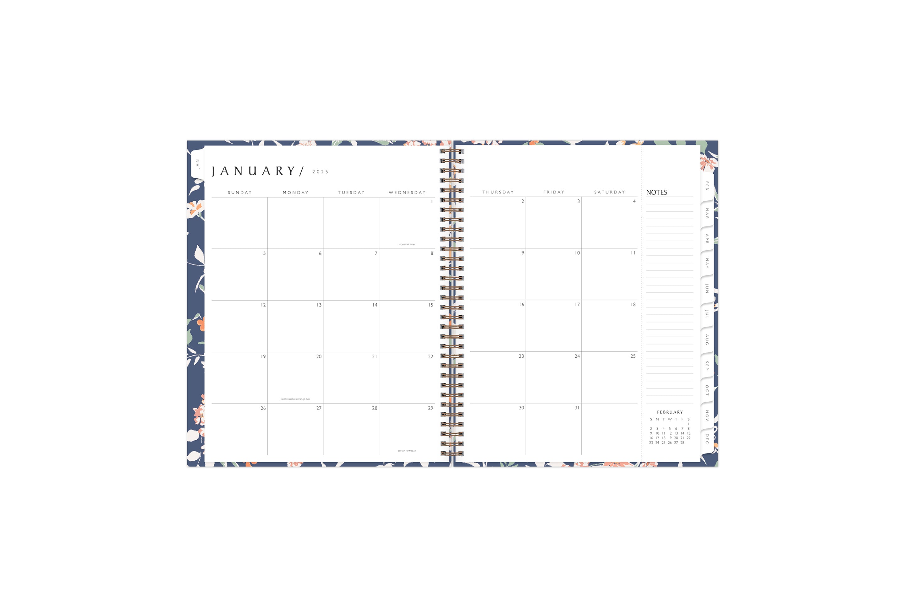 the 2025 weekly monthly planner by blue sky features a monthly spread with ample blank white writing space, lined notes section, reference calendar, and white monthly tabs