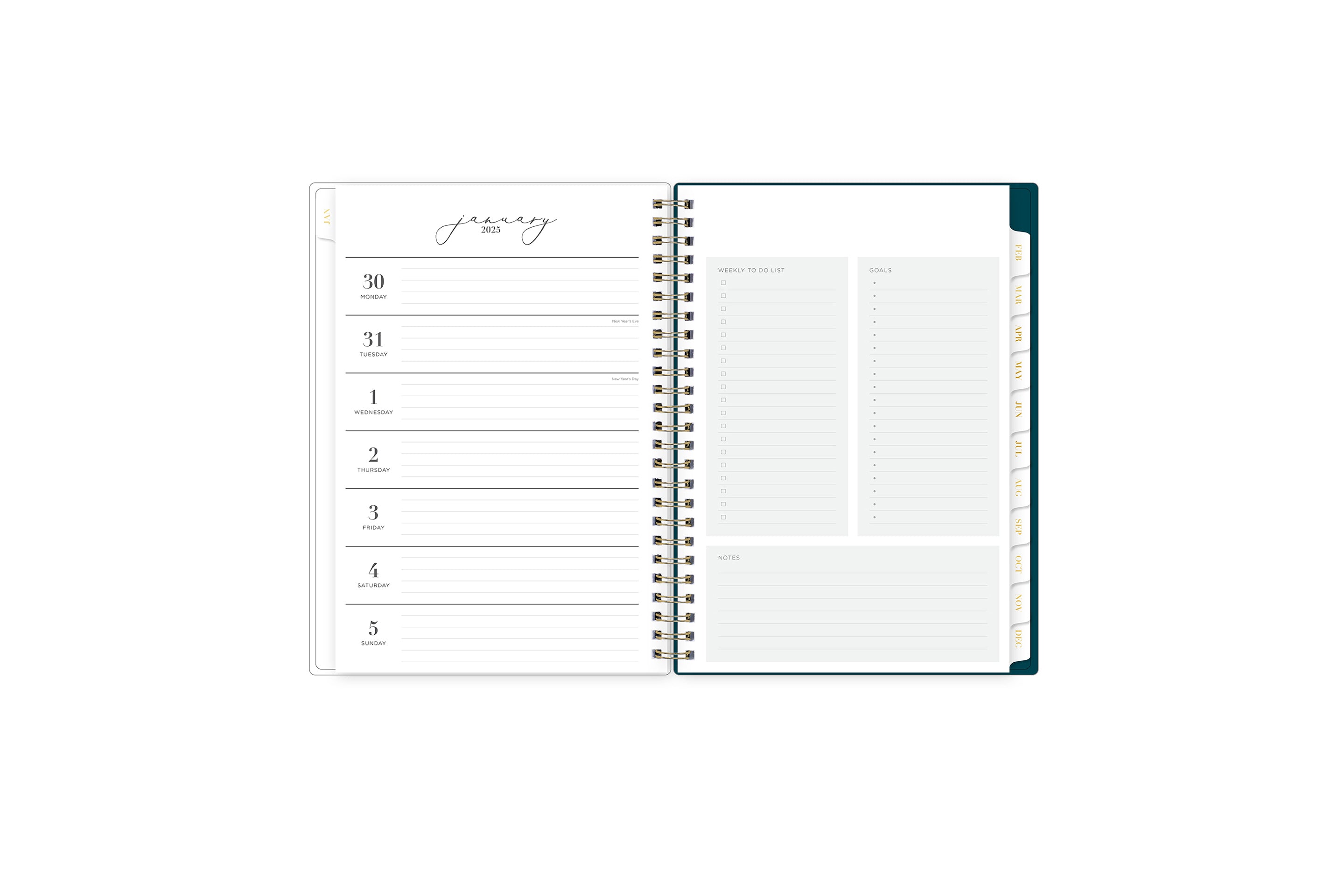 The new and improved Life Note It 2025 weekly planner features a weekly spread with clean white writing space, to do list, goals, and notes section for every important detail needed for planning a successful week in a 5.875x8.625 planner size