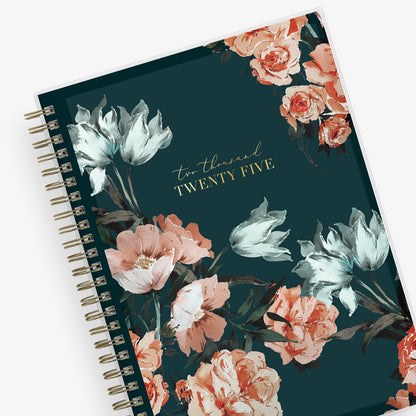 The Life Note-It collection by Blue Sky features this beautiful floral pattern front cover in a 5.875x8.625 planner size with gold twin wire-o binding for the new 2025 year.