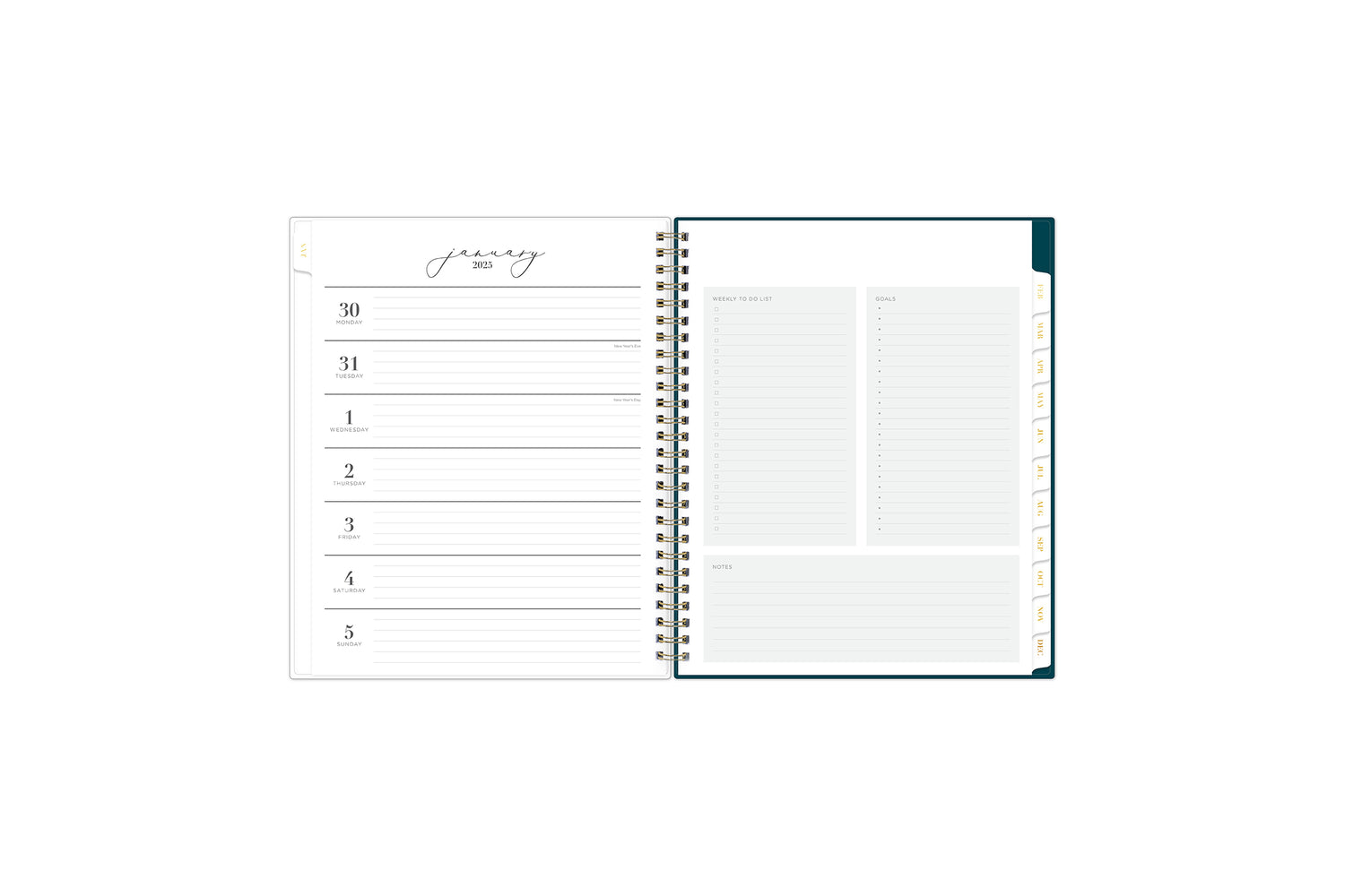 The new and improved Life Note It 2025 weekly planner features a weekly spread with clean white writing space, to do list, goals, and notes section for every important detail needed for planning a successful week in a 7x9 planner size