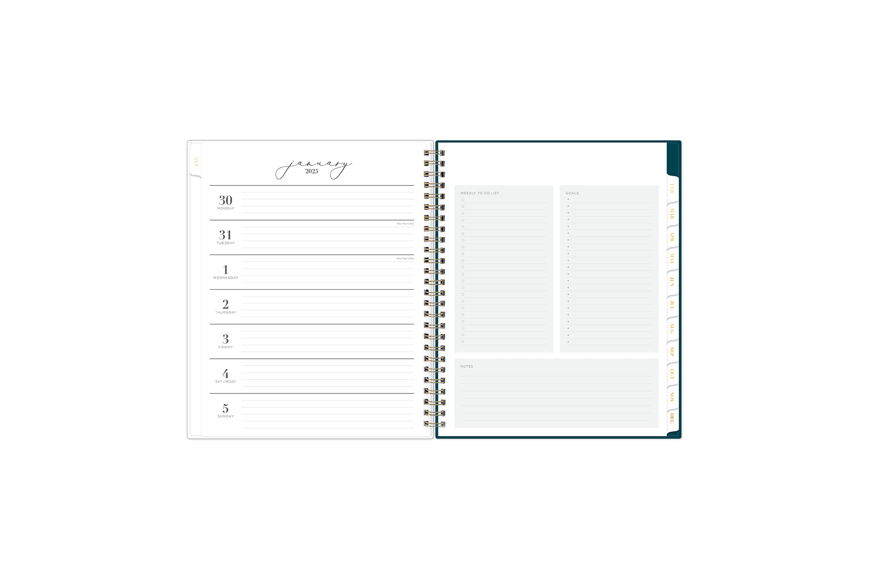 The new and improved Life Note It 2025 weekly planner features a weekly spread with clean white writing space, to do list, goals, and notes section for every important detail needed for planning a successful week in a 7x9 planner size