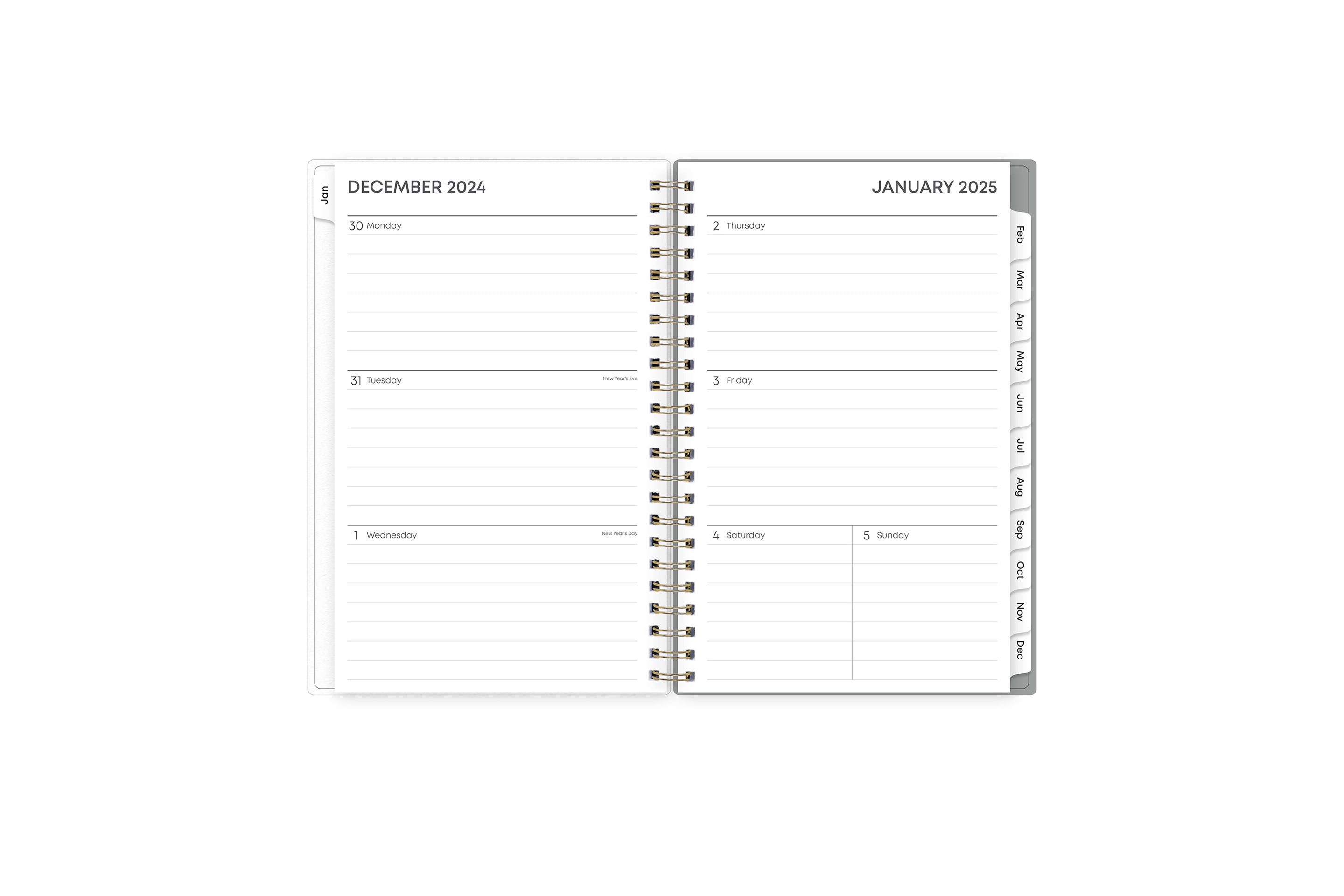 This January 2025 - December 2025 weekly monthly planner features a weekly spread with ample lined writing space for each day, notes section, to -do list, and monthly tabs for easy navigating in a 5x8 planner size