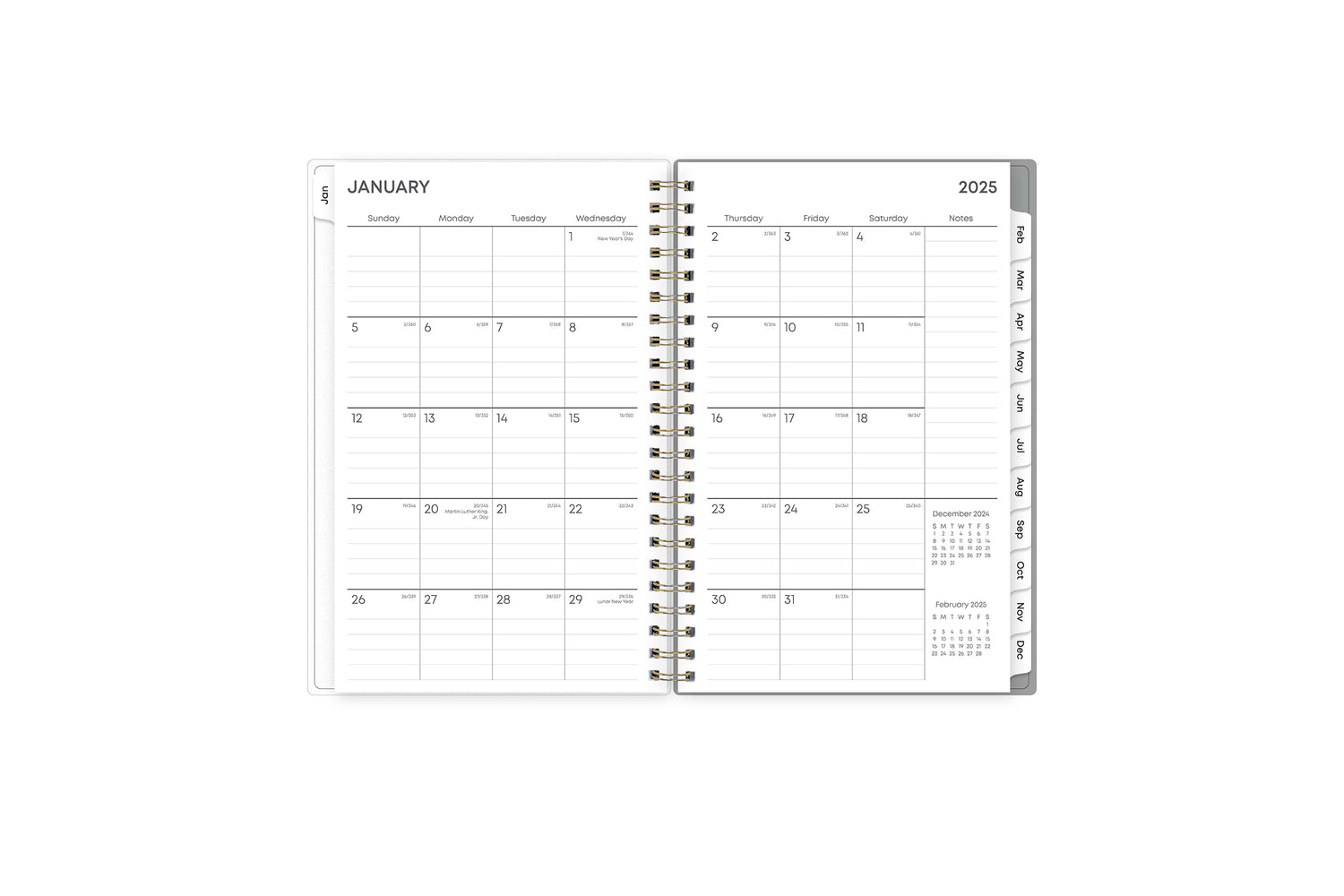 This January 2025 - December 2025 weekly monthly planner features a monthly spread with blank writing space for each day, lined notes section, reference calendars, and monthly tabs for easy navigating in a 5x8 planner size