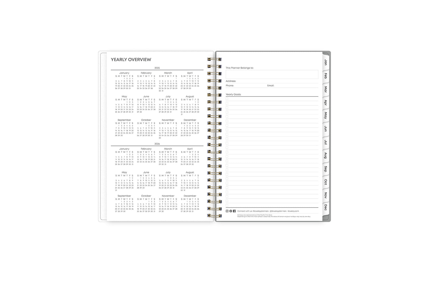 This 5x8 2025 weekly monthly planner featuring a yearly overview for both 2025 and 2026, a yearly goals recap to review end of the year, and contact page.