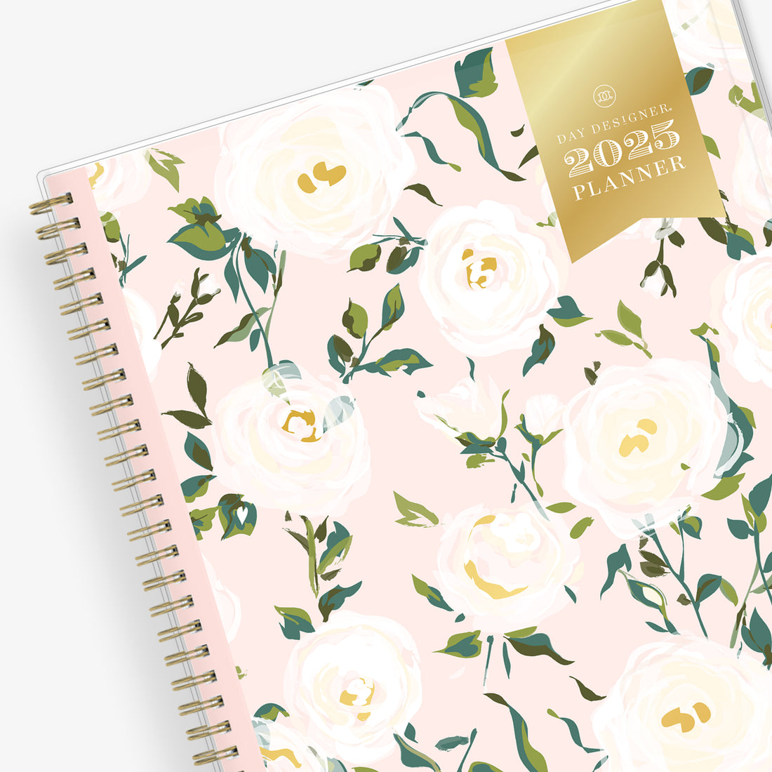 2025 weekly planner in 8.5x11 size with white florals and blush background