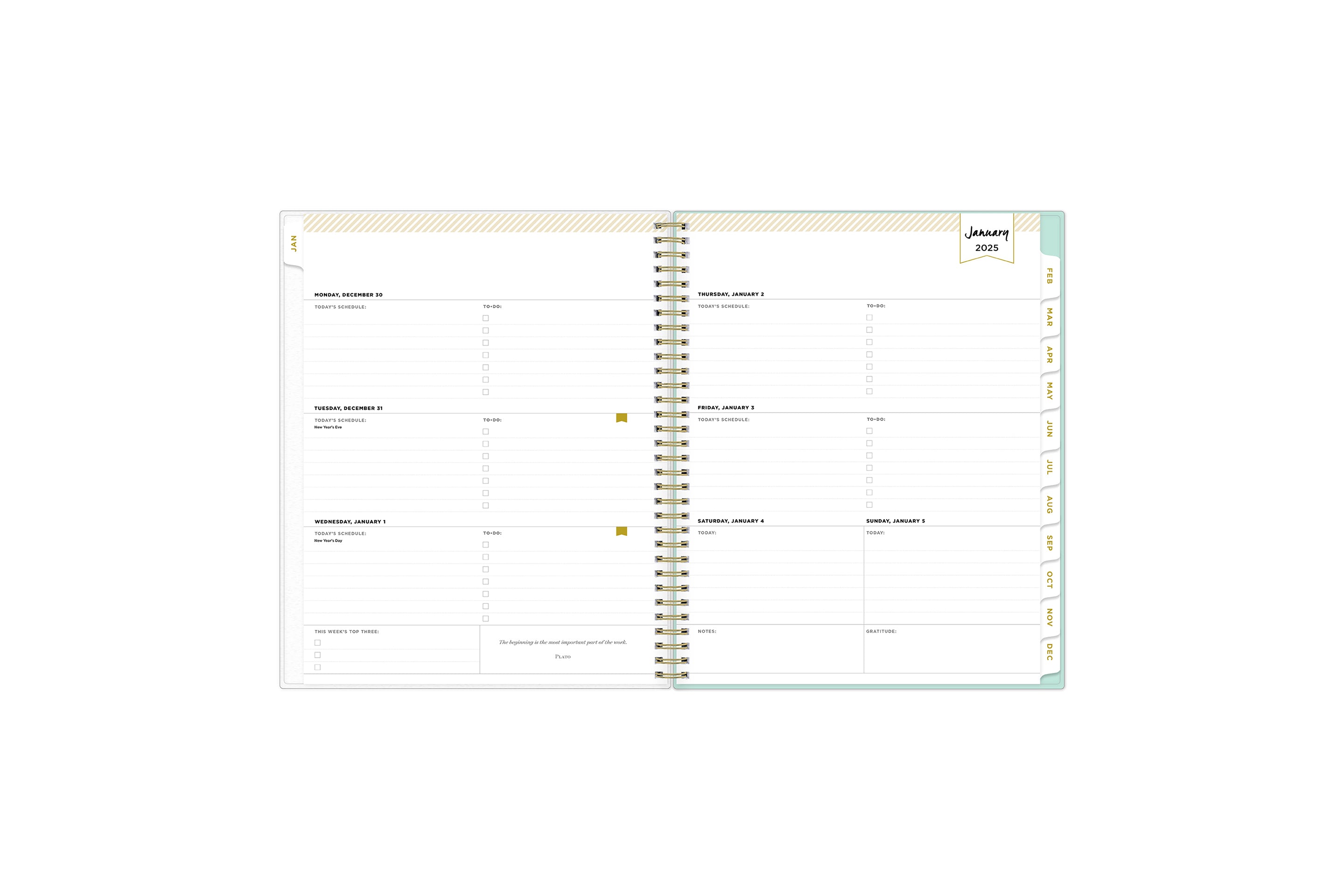 January 2025 - December 2025 weekly monthly planner featuring a weekly spread boxes for each day, lined writing space, notes section, reference calendars, and white monthly tabs in 8.5x11 size