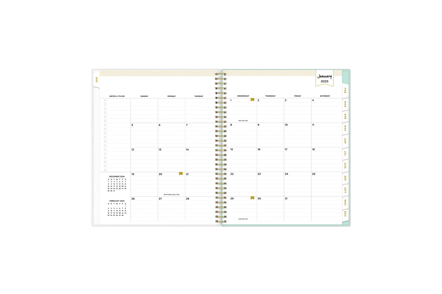 January 2025 - December 2025 weekly monthly planner featuring a monthly spread boxes for each day, lined writing space, notes section, reference calendars, and white monthly tabs in 8.5x11 size