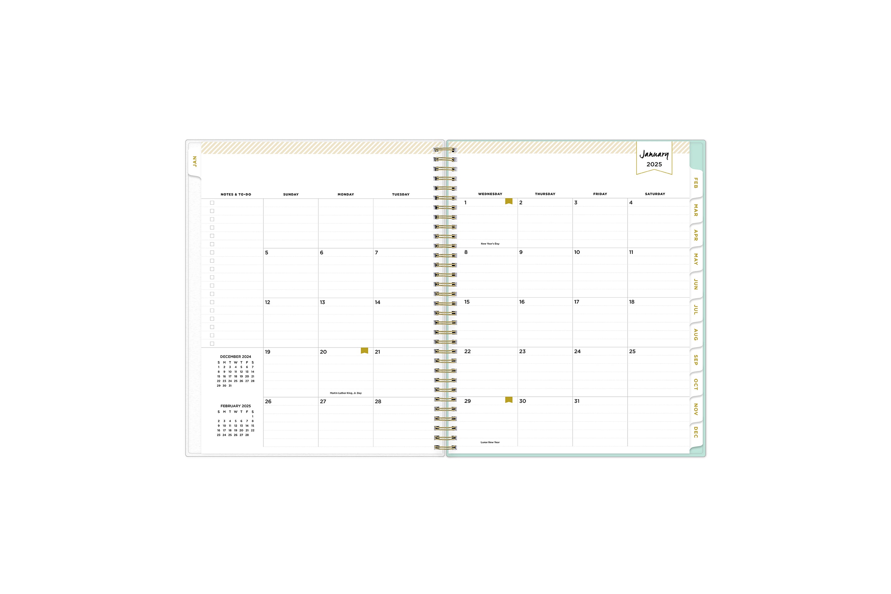 January 2025 - December 2025 weekly monthly planner featuring a monthly spread boxes for each day, lined writing space, notes section, reference calendars, and white monthly tabs in 8.5x11 size