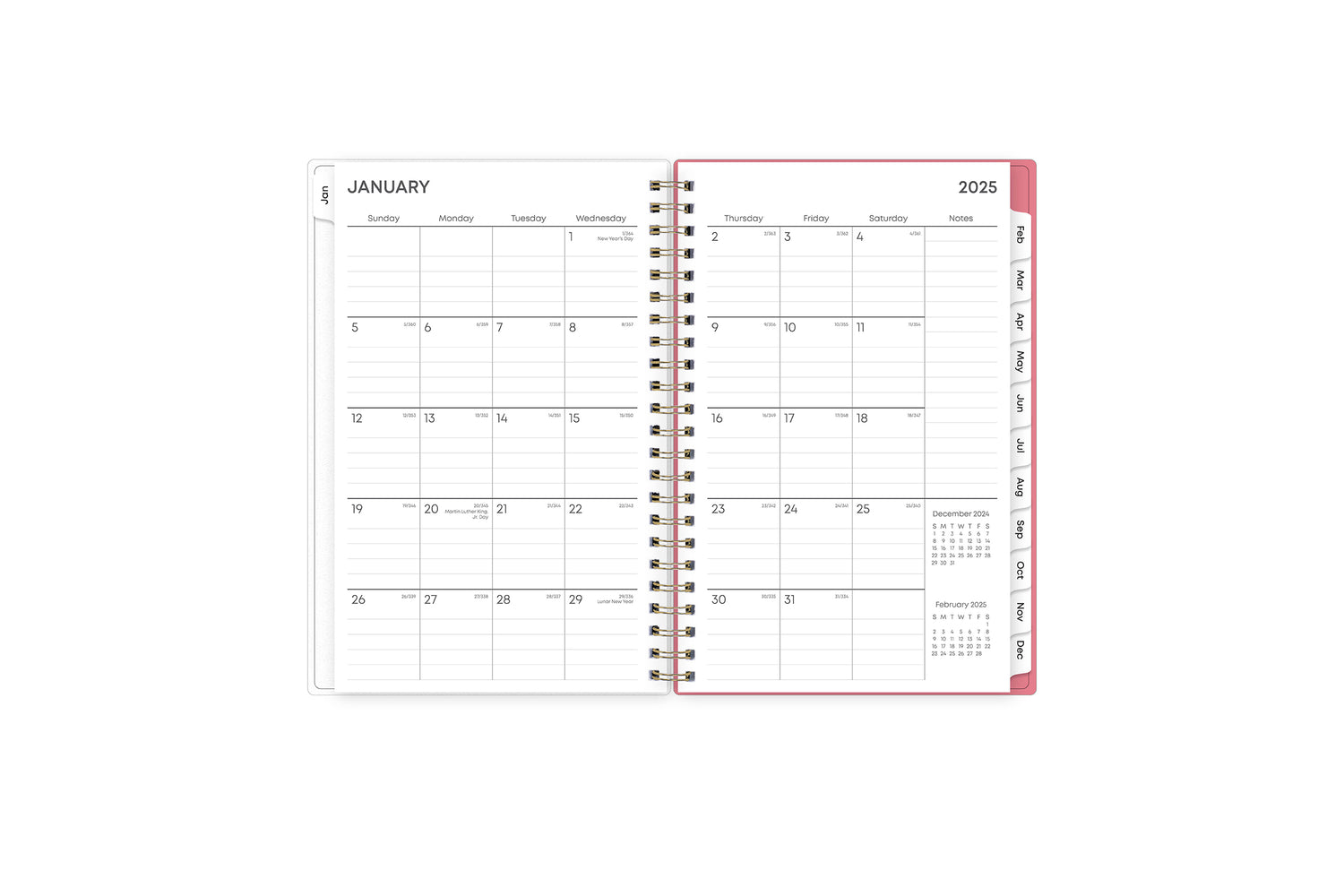 January 2025 - December 2025 weekly monthly planner featuring a monthly spread boxes for each day, lined writing space, notes section, reference calendars, and pink monthly tabs with white text in 5x8 size