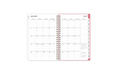 January 2025 - December 2025 weekly monthly planner featuring a monthly spread boxes for each day, lined writing space, notes section, reference calendars, and pink monthly tabs with white text in 5x8 size