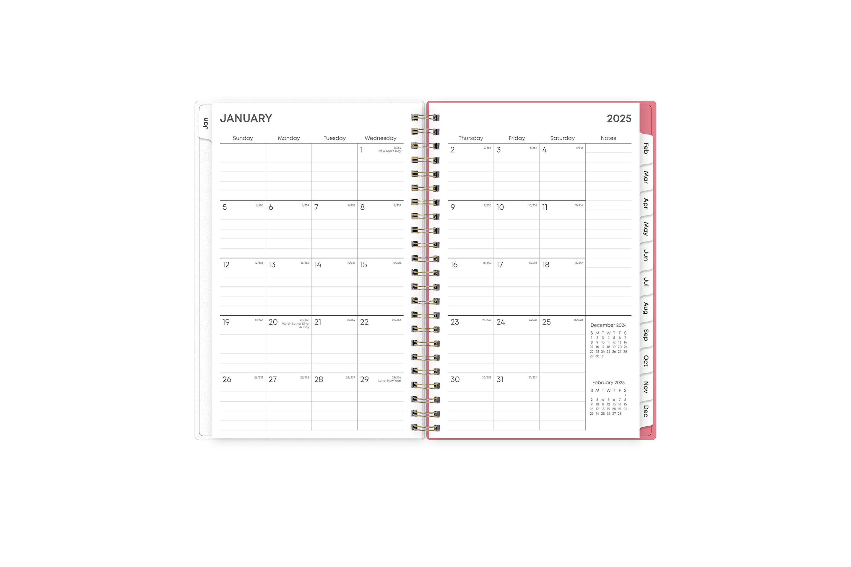 January 2025 - December 2025 weekly monthly planner featuring a monthly spread boxes for each day, lined writing space, notes section, reference calendars, and pink monthly tabs with white text in 5x8 size