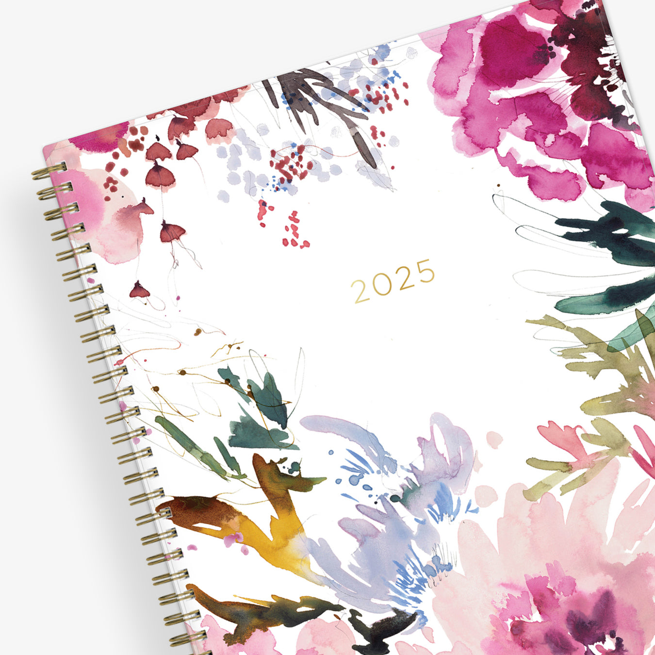 The kelly ventura 2025 weekly monthly planner for blue sky features beautiful watercolored floral cover with gold twin wire-o binding in a 8.5x11 planner size.