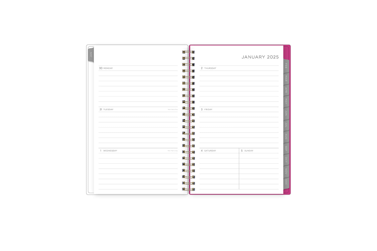 the kelly ventura 2025 weekly monthly planner features a monthly overview featuring, clean blank writing space, notes section, reference calendars, and teal monthly tabs, perfect for planning year in year out.