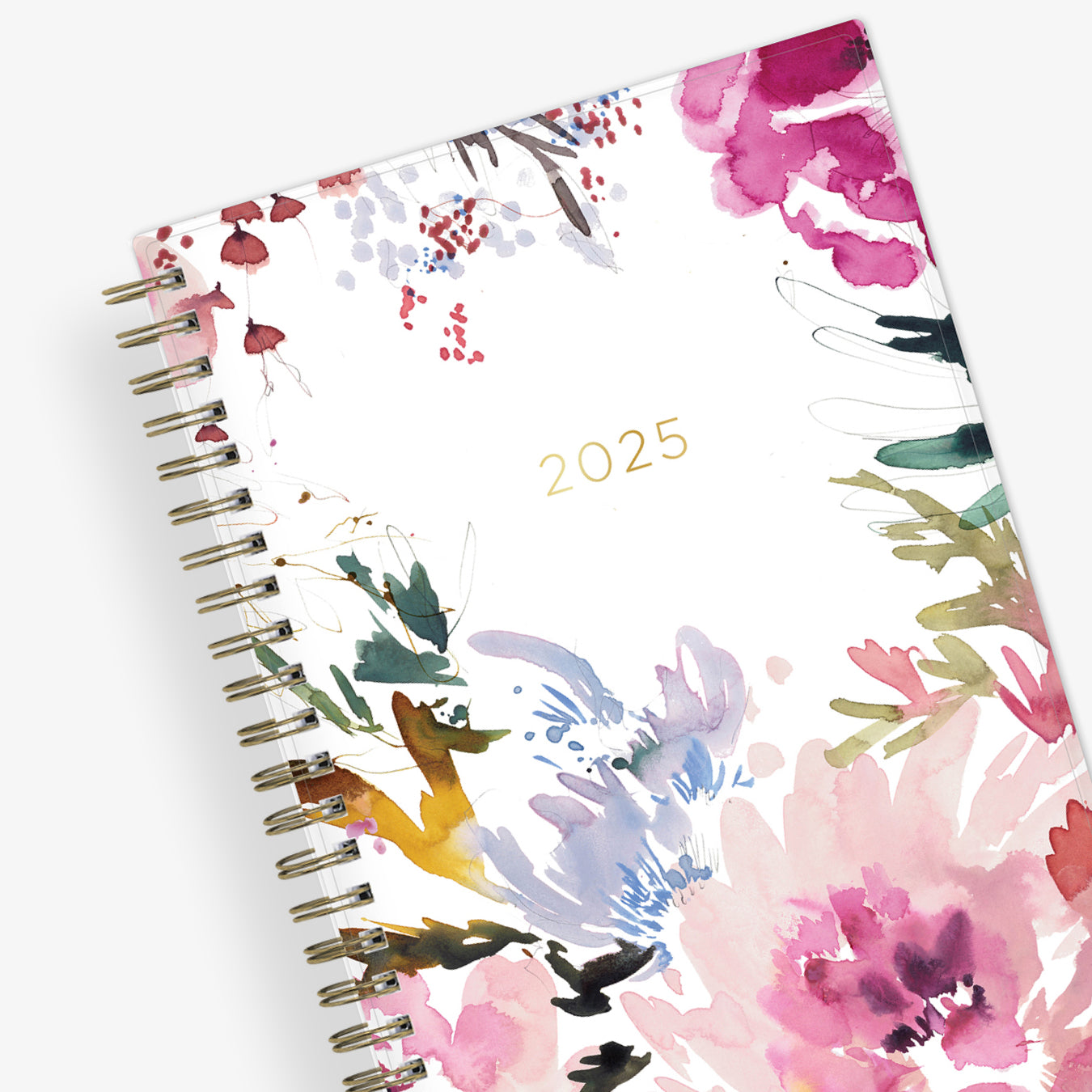 The kelly ventura 2025 weekly monthly planner for blue sky features beautiful watercolored floral cover with gold twin wire-o binding in a 5x8 planner size.