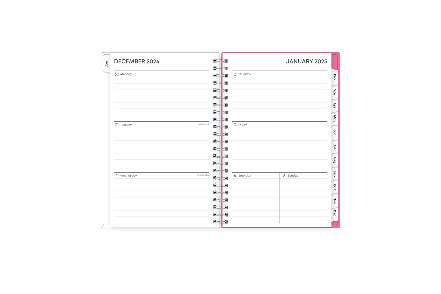 January 2025 to December 2025 weekly monthly planner featuring ample lined writing space, weekly to do list, notes section, and with teal monthly tabs 5x8