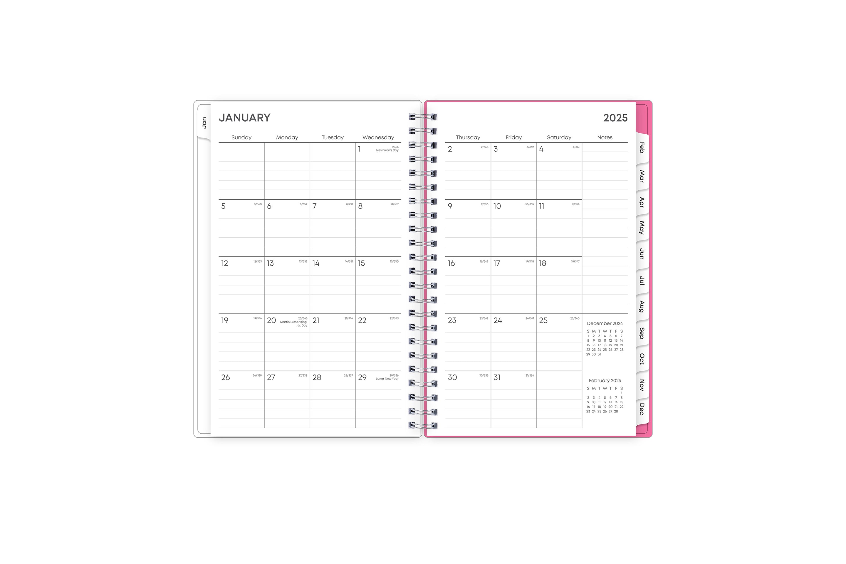 Featuring a January 2025 to December 2025 monthly view, there is lined writing space for each date, a notes section, reference calendars, and teal monthly tabs 5x8