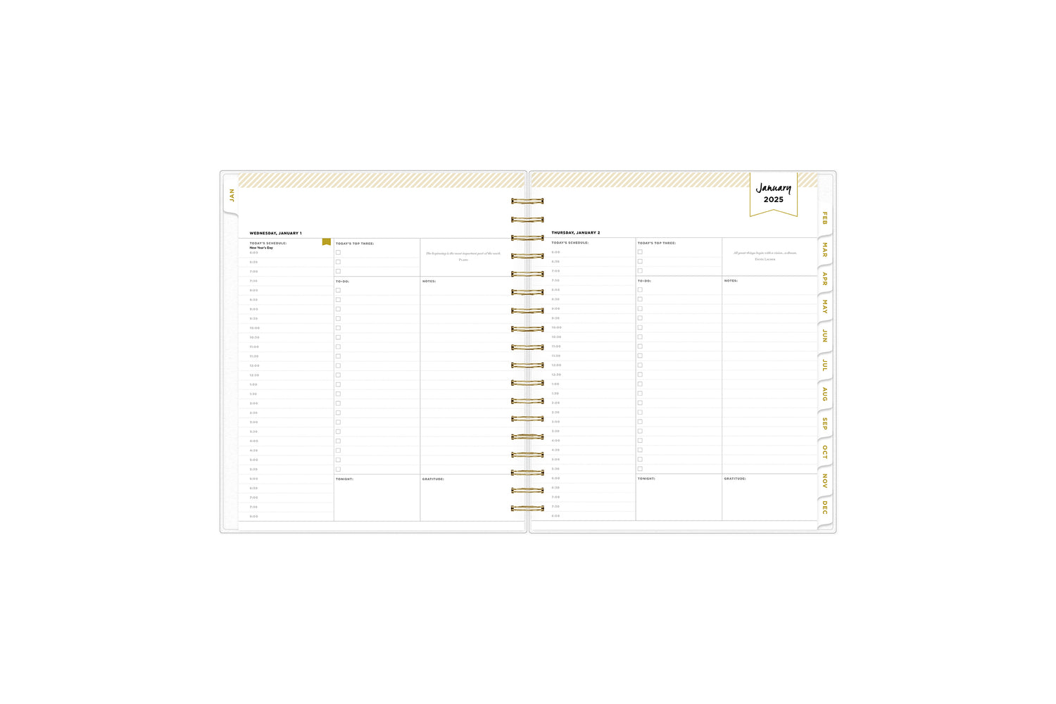 January 2025 - December 2025 daily monthly planner featuring a monthly spread with lined writing space, notes and to-do list, white monthly tabs with gold printed text, and monthly reference calendars all in a 8x10 planner size
