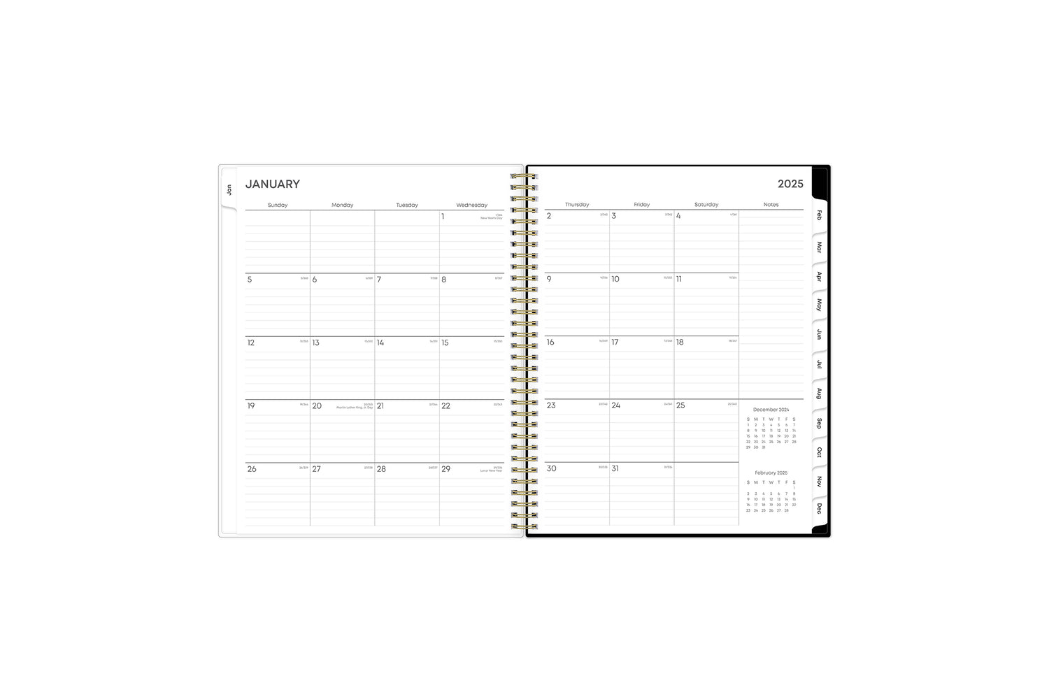 January 2025 - December 2025 weekly monthly planner featuring a monthly spread boxes for each day, lined writing space, notes section, reference calendars, and mint monthly tabs in 8.5x11 size