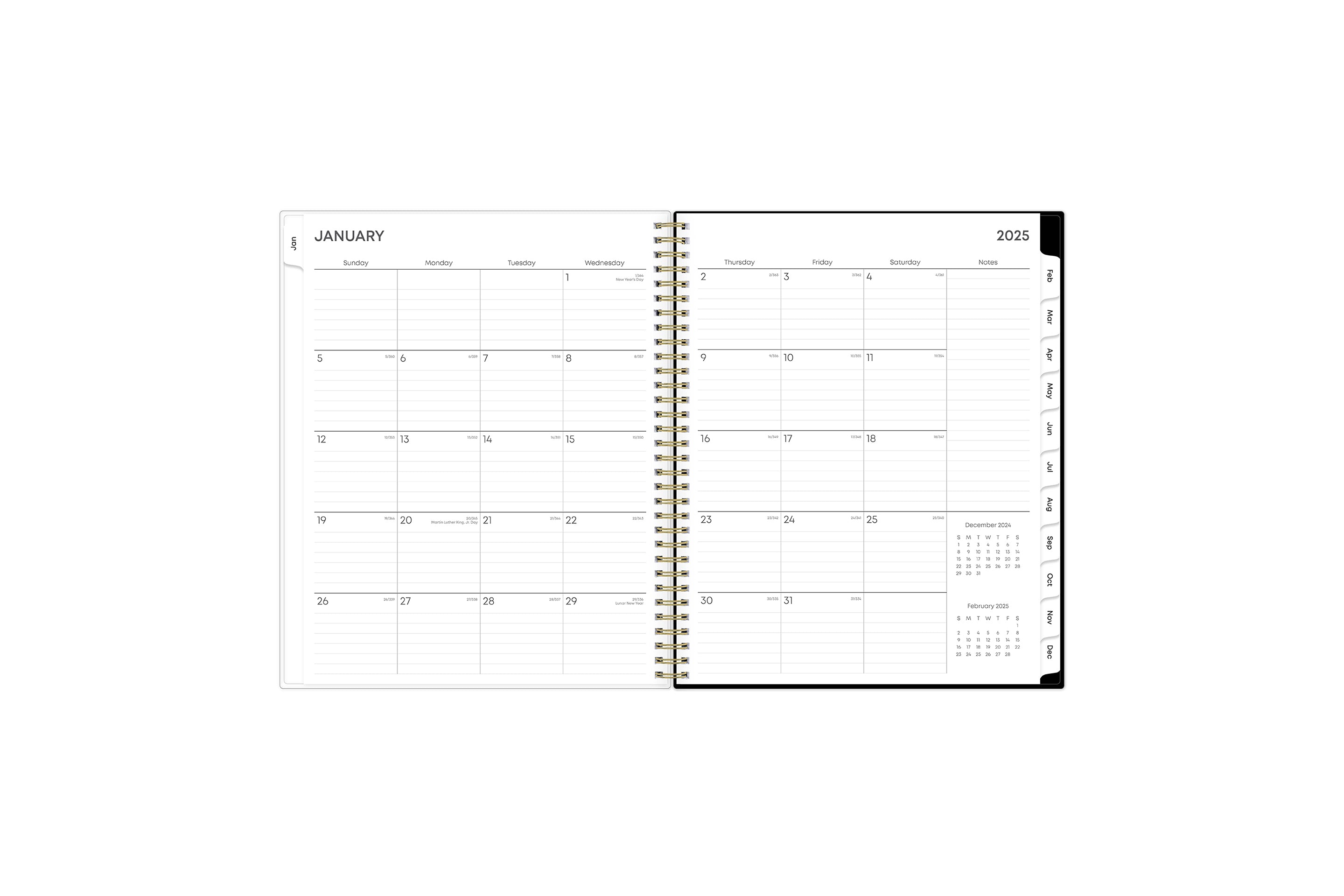 January 2025 - December 2025 weekly monthly planner featuring a monthly spread boxes for each day, lined writing space, notes section, reference calendars, and mint monthly tabs in 8.5x11 size