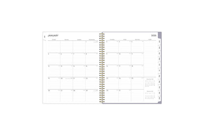 This January 2025 - December 2025 weekly monthly planner features a monthly spread with blank writing space for each day, lined notes section, reference calendars, and monthly tabs for easy navigating in a 8.5x11 planner size
