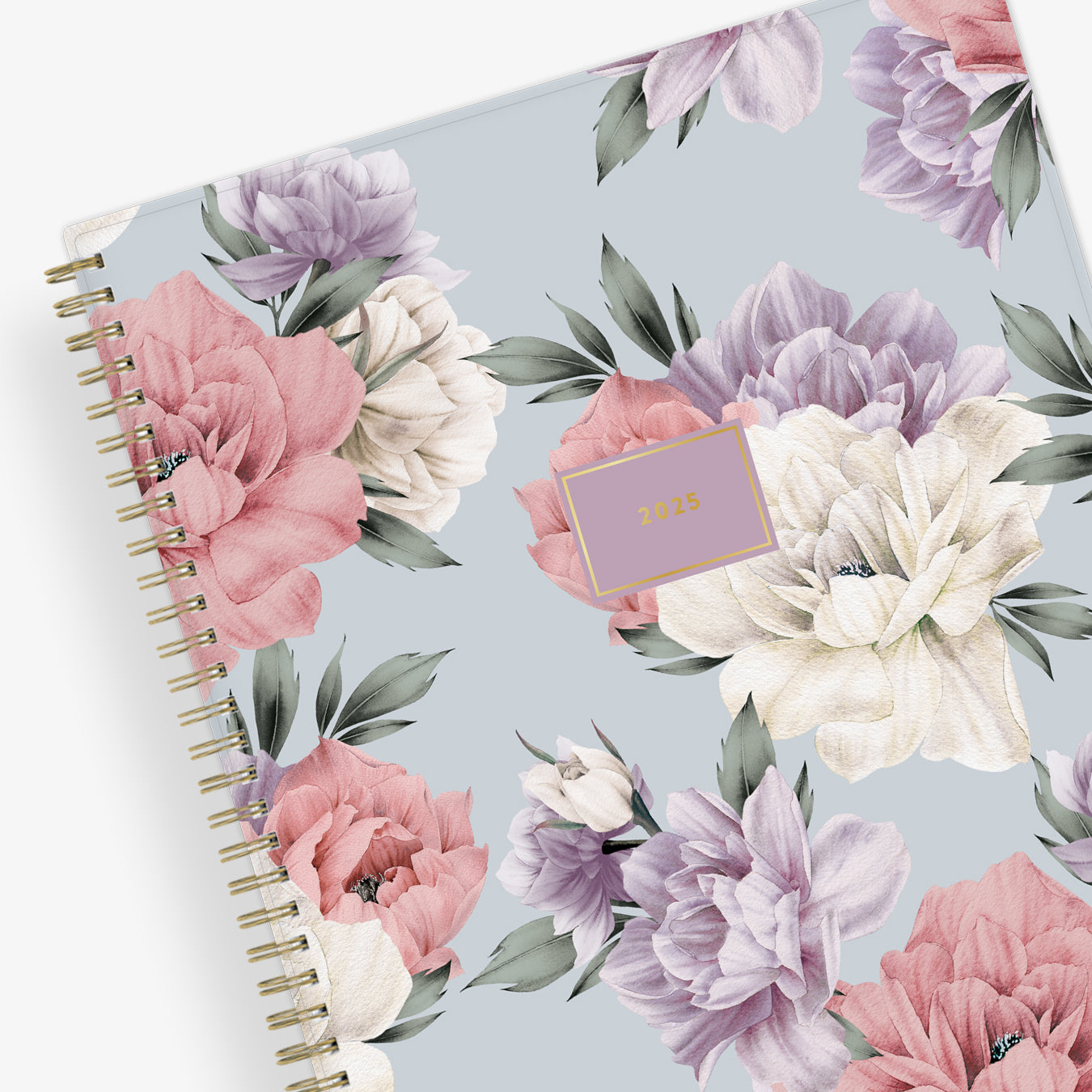 2025 weekly monthly planner featuring floral pattern and gold twin wire-o binding in 8.5x11 planner size