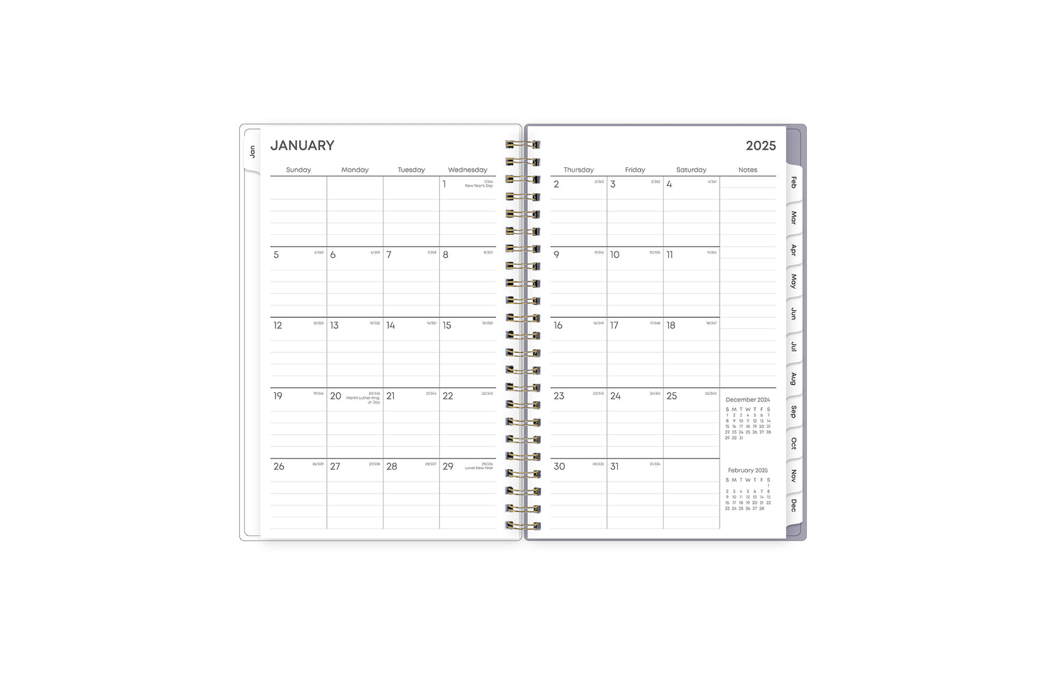 This January 2025 - December 2025 weekly monthly planner features a monthly spread with blank writing space for each day, lined notes section, reference calendars, and monthly tabs for easy navigating in a 8.5x11 planner size