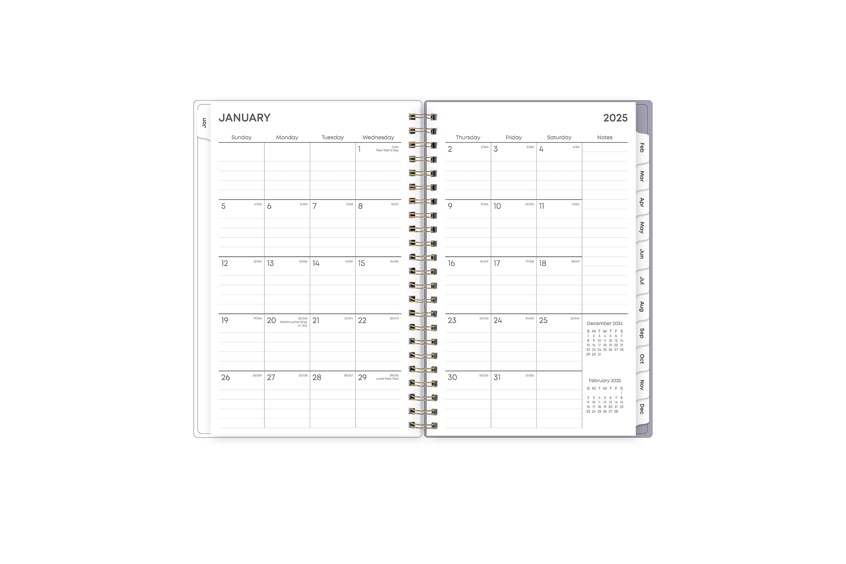 This January 2025 - December 2025 weekly monthly planner features a monthly spread with blank writing space for each day, lined notes section, reference calendars, and monthly tabs for easy navigating in a 8.5x11 planner size