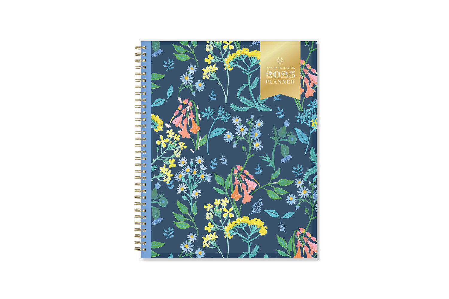 January 2025 - December 2025 weekly monthly planner in 8.5x11 size from day designer for blue sky with navy background and floral design, and gold twin wire-o binding