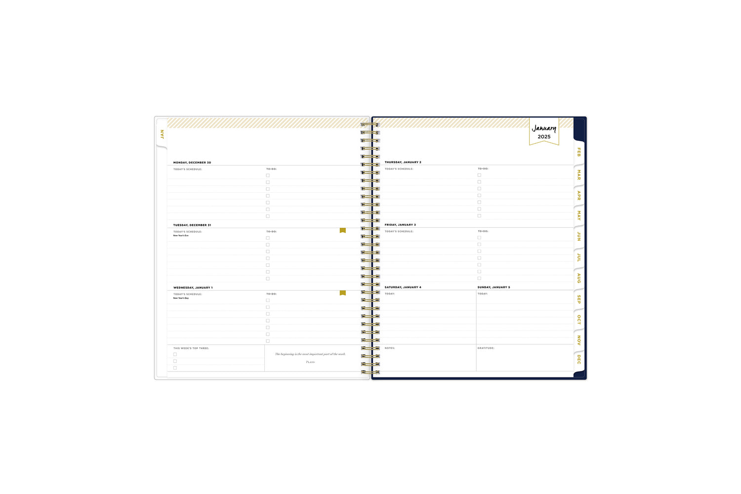 January 2025 weekly monthly planner featuring a weekly view, lined writing space, to do lists, priorities, and white colored monthly tabs on a 8.5x11 planner